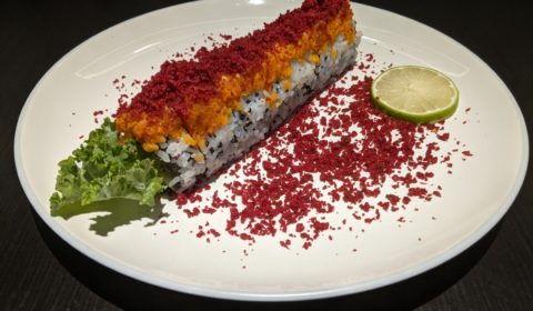 Kleinburg Roll (10 Piece) - California Roll topped with Spicy Tuna & Crispy Tempura Bits made of Beets